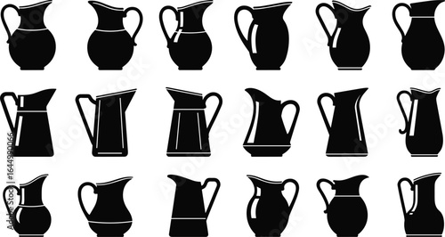 Set of vintage pitcher silhouettes, antique jug vector icons, classic water container shapes for kitchenware, drinkware, beverage serving, home decor illustration