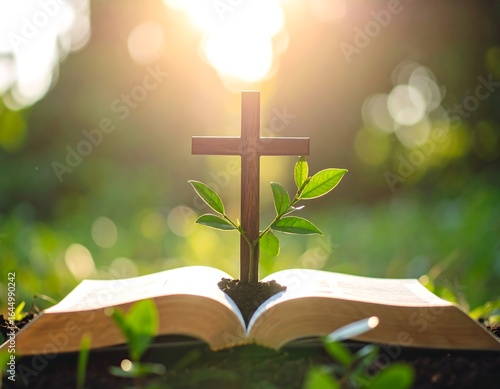 Wooden cross & sprout emerge from open bible in sunlit garden