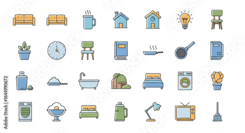 A collection of illustrated icons depicting various household objects and elements, arranged in a grid.