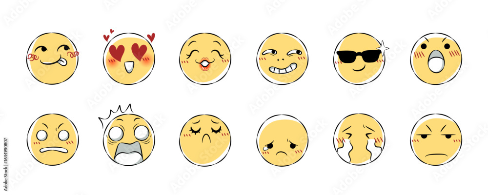 Fototapeta premium Set of hand drawn emoji icon . Facial expression cartoon illustration . Collection 2 of 3 . Vector .