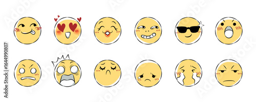 Set of hand drawn emoji icon . Facial expression cartoon illustration . Collection 2 of 3 . Vector .
