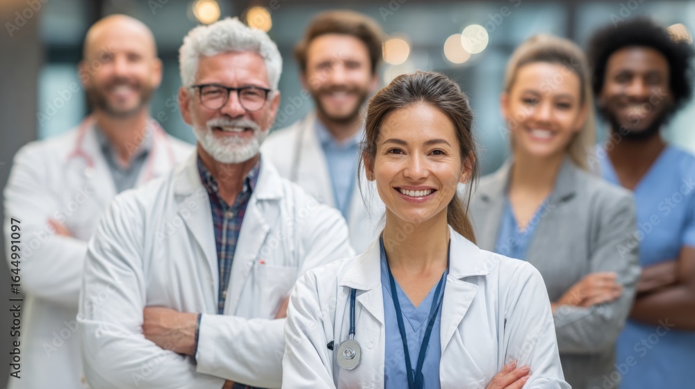 Fototapeta premium Healthcare Professionals: A close-knit ensemble of dedicated healthcare professionals stands united, emanating confidence and approachability.
