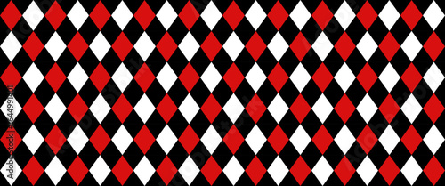 Argyle classic fabric seamless pattern. Harlequin red and black design texture. Diamond lozenge simple background. Joker geometric wallpaper. Venetian rhombus carnival ornament. Vector illustration.