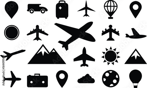 Vector art of collection of travel and transportation icons including airplanes, mountains, luggage, hot air balloons, and location markers, isolated on white background