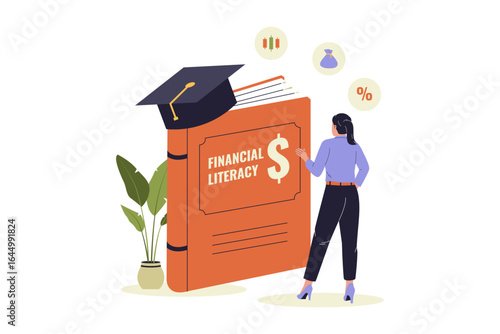 Woman Studying Financial Literacy and Budgeting Illustration. Vector Flat Illustration
