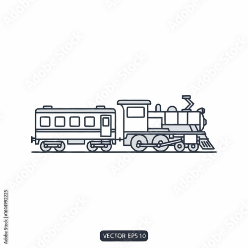A pencil drawing of a vintage train featuring a passenger car and a steam engine