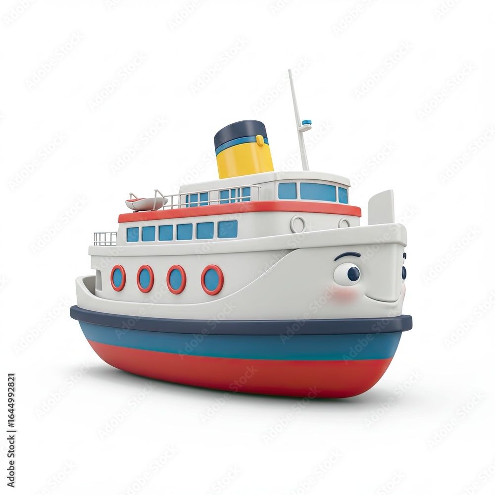 Obraz premium White and blue 3D cartoon toy passenger ship with yellow details, isolated on white background