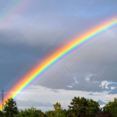 Vibrant rainbow arc across a cloudy sky, partially obscured by trees