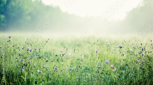 Lush green spring grass field with delicate wildflowers under soft morning sunlight.