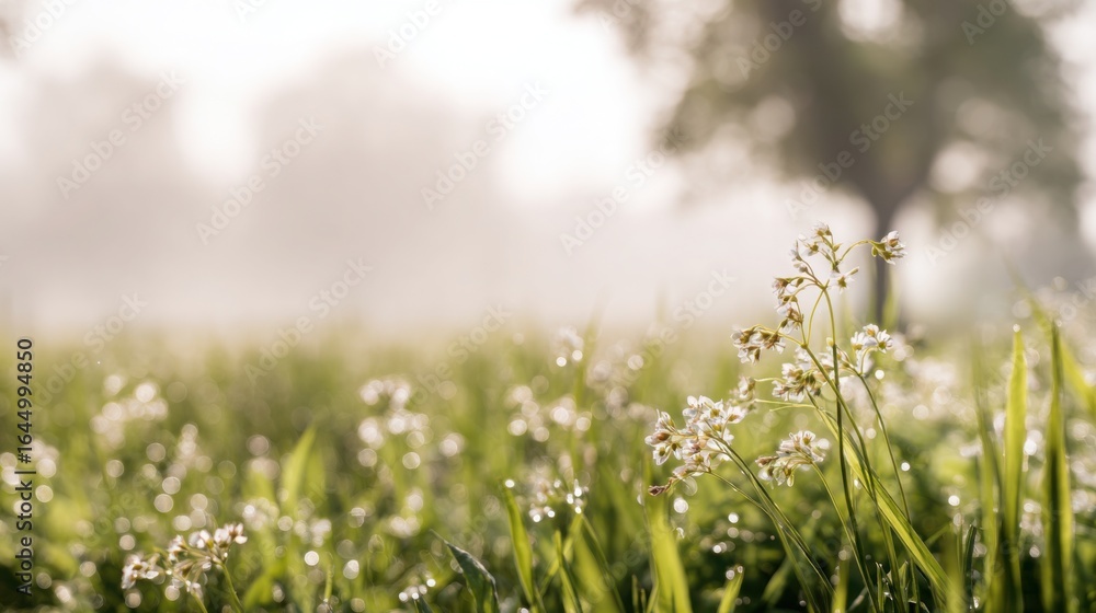 Fototapeta premium Lush green spring grass field with delicate wildflowers under soft morning sunlight.