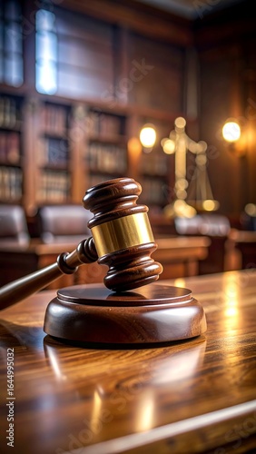 Wallpaper Mural Wooden gavel rests on a polished table in a courtroom setting, with a blurred background of bookshelves and scales of justice Torontodigital.ca