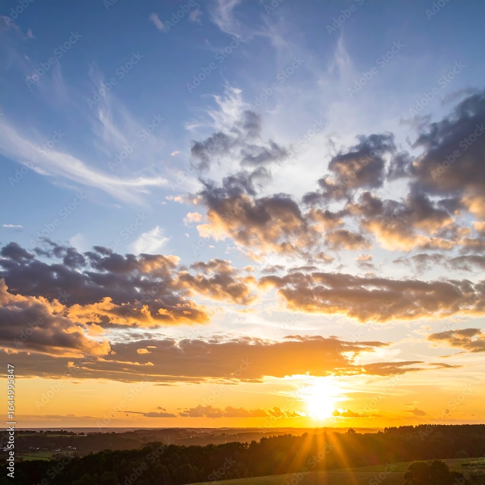 Fototapeta premium Vibrant sunset over a flat landscape, with streaks of color in the sky