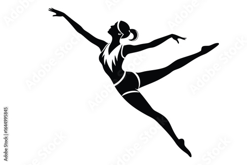 Silhouetted gymnast performs a dynamic split leap, showcasing graceful movement against a white background