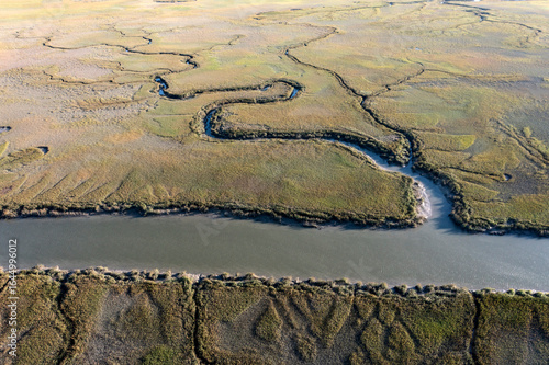 aerial view of winding backcountry waterways in wetlands