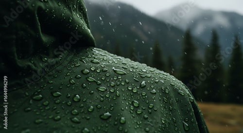 Closeup of water droplets on a green jacket in the rain mockup
