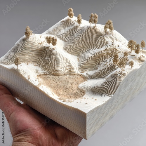Wallpaper Mural Detailed miniature landscape model, hand-held, showing layered hills, a valley, and small trees, crafted from a light beige material with a subtly textured surface Torontodigital.ca