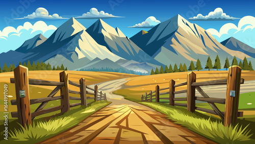 A weathered wooden farm gate stands closed, guarding rolling high country fields, while snowy mountains rise beyond, their white peaks shimmering under Springfield’s vast, crystal sky in peaceful rura