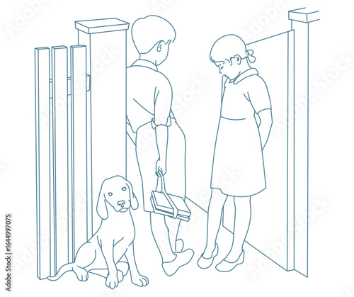 A boy and a girl stand facing each other near a gate, both looking down shyly, while a dog sits beside them