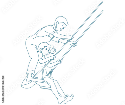 Two children are playing together on a swing, with one sitting and the other standing behind
