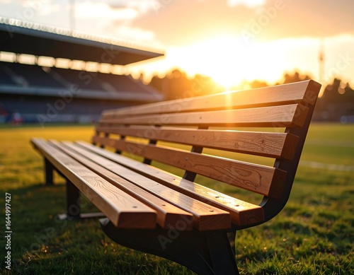 Wooden park bench sits on grass, stadium blurred in sunset