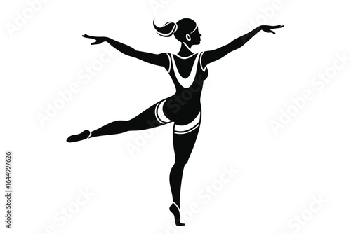 Monochrome silhouette depicts a woman gracefully balancing in ballet position on a white backdrop