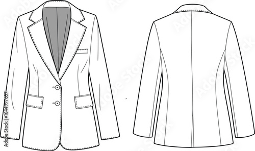 Elegant women's tailored blazer, front and back view, formal long sleeve coat with lapel collar, flap pockets, buttons, fashion flat sketch illustration