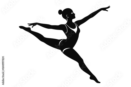 Silhouette woman in swimsuit performs ballet split leg extension on a white background