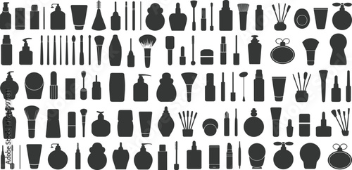 Makeup and cosmetic silhouette collection, beauty product icons, cosmetic bottles and brushes, skincare and makeup vector set, black cosmetic item silhouettes