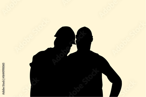 Silhouette of two builder man planning a job. Icon of construction man people. Vector illustration.