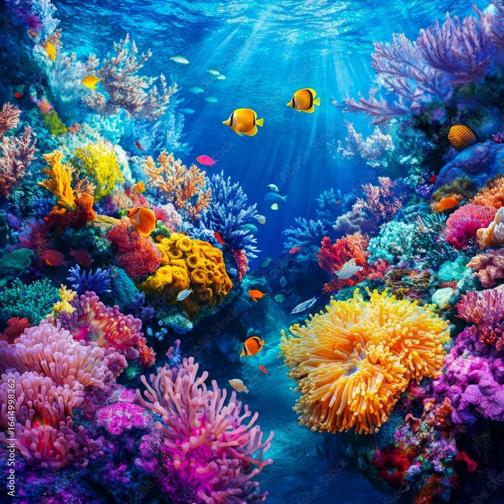 Naklejka premium Vibrant Coral Reef A stunning underwater scene with vibrant corals and tropical fish colorful and immersive
