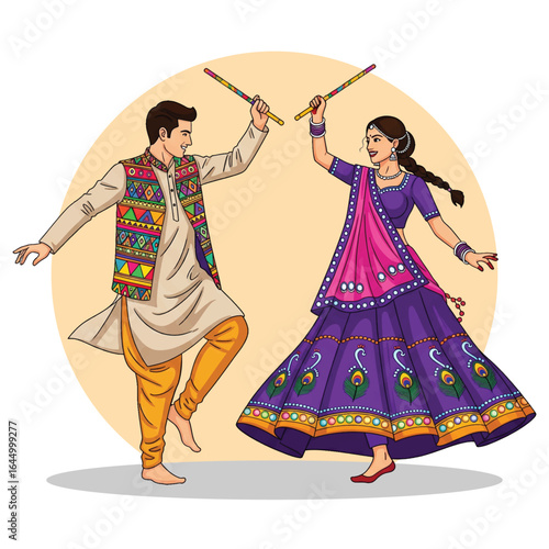 Couple Performing Traditional Garba Dance in Colorful Gujarati Attire
