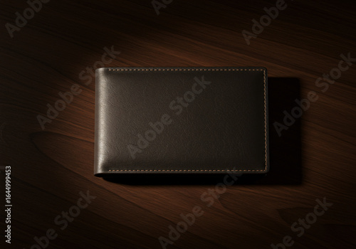 Luxury leather wallet mockup on wooden surface, top view, soft shadows 