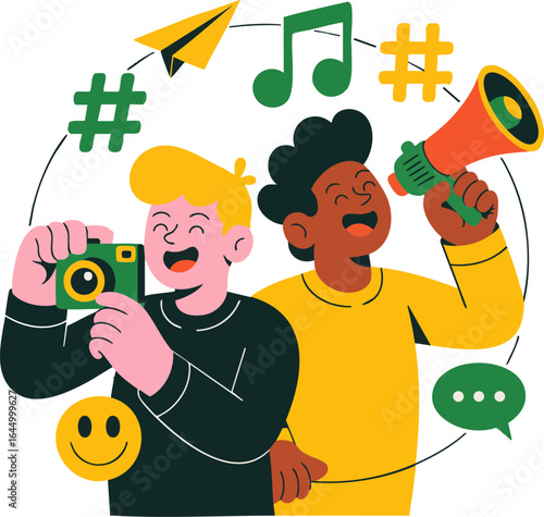 Two friends happily share content with a camera, megaphone, music, and hashtags