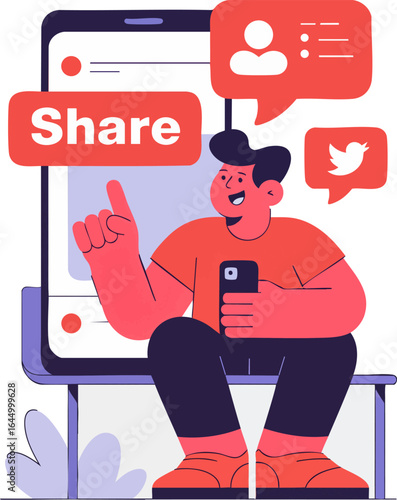 Man enthusiastically shares content on phone, engaging with social media notifications and Twitter icon