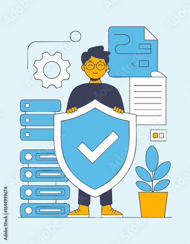 Confident tech professional shields data with secure server protection and digital safety protocols visualized
