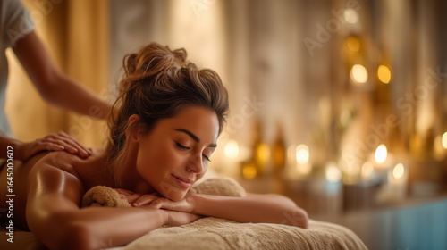 Relaxed woman enjoying professional massage in luxurious spa with warm candlelight ambiance