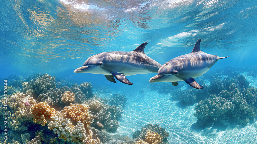 Fototapeta premium dolphin couple swim underwater in tropical sea. Life of marine animals in the wild in their natural habitat