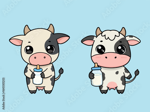 Chibi Cow Holding Milk Bottle Cute Cartoon Animal