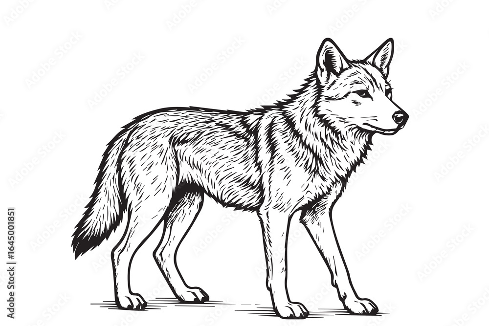 Fototapeta premium A black and white vector illustration of a fierce wolf, outlined in bold black, capturing its sharp gaze, strong body, and untamed spirit in the wilderness.