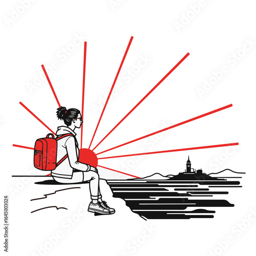 Female traveler contemplating sunset on cliff, journey of reflection