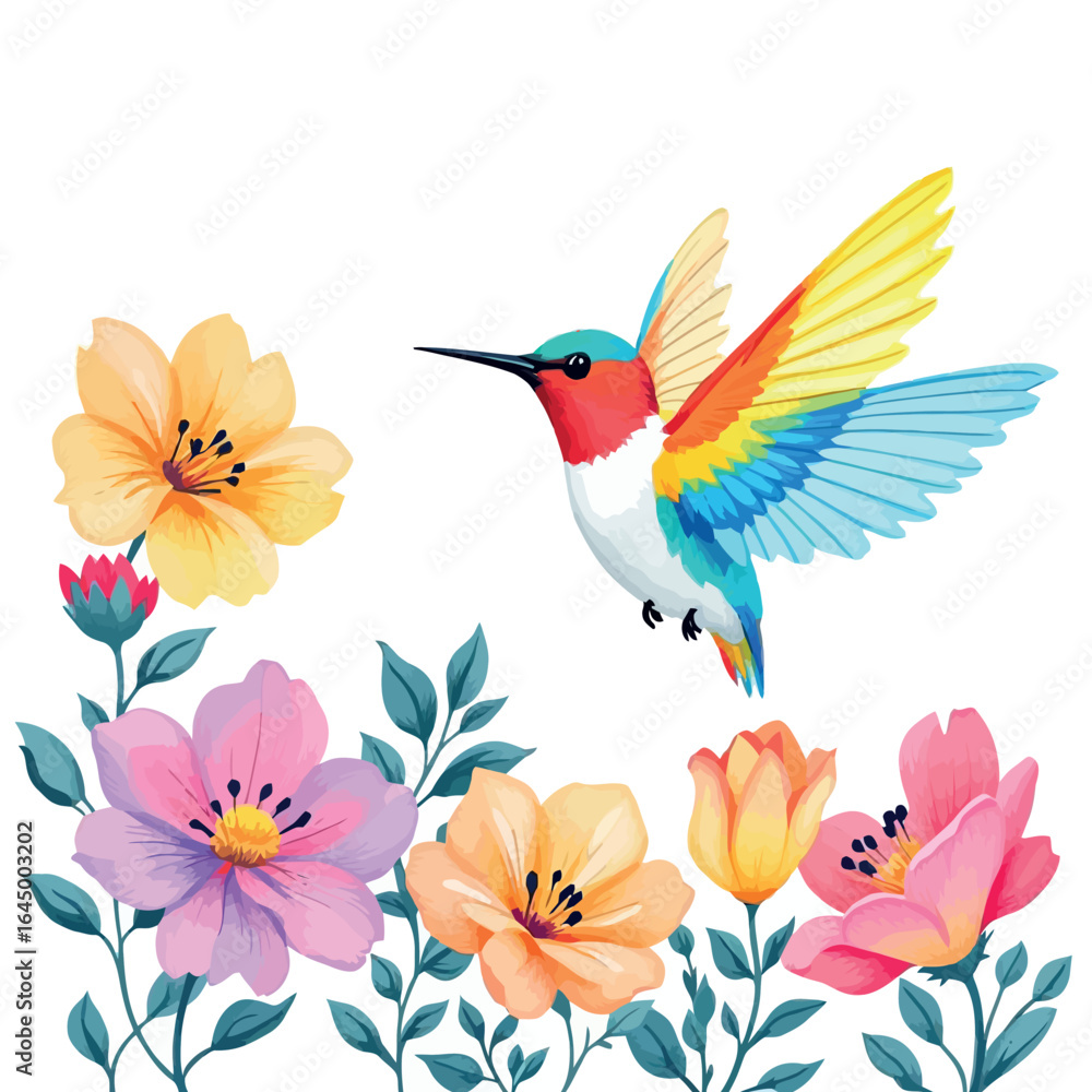 Obraz premium Vsai colorful hummingbird flying over blooming flowers