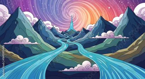 A vibrant fantasy landscape with winding rivers, majestic mountains, and a spiraling tower.