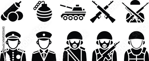 Military icons vector set, soldier silhouettes, weapons, grenades, tank, rifles, army officers, war equipment illustration, combat gear clipart bundle, defense design