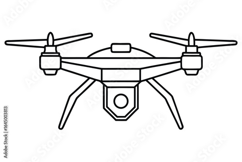 Outlined drone quadcopter shows propellers, landing gear, and camera on a white background