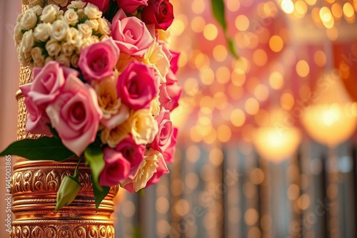 Close up of a beautiful floral arrangement with soft bokeh lights in the background