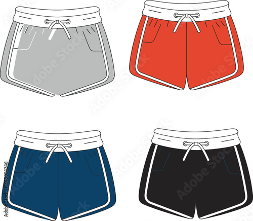 Set of colorful athletic shorts flat sketch, drawstring waistband, pocket detail, sportswear design template, casual activewear illustration, unisex fashion vector design