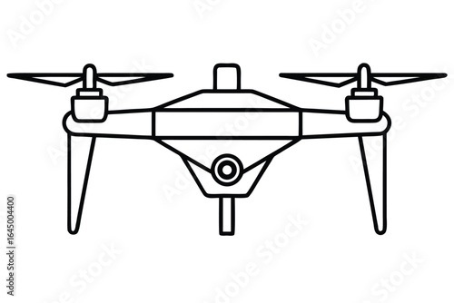 Outlined drone displays dual propellers, central camera, and landing gear on white