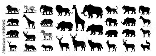 A set of black-and-white silhouettes of wild animals, including lions, tigers, elephants, giraffes, bears, rhinos, zebras, deer, and wolves.