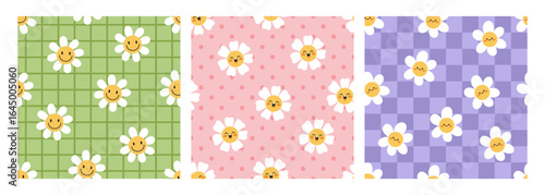 Groovy daisy, seamless patterns set. Cute funny funky flower faces, endless b...