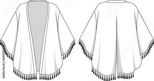 Women’s kimono cardigan fashion flat sketch, open front loose fit, tassel hem detail, bohemian outerwear front and back technical illustration